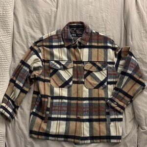 Zara Plaid Shacket in Beige, Navy & Rust
